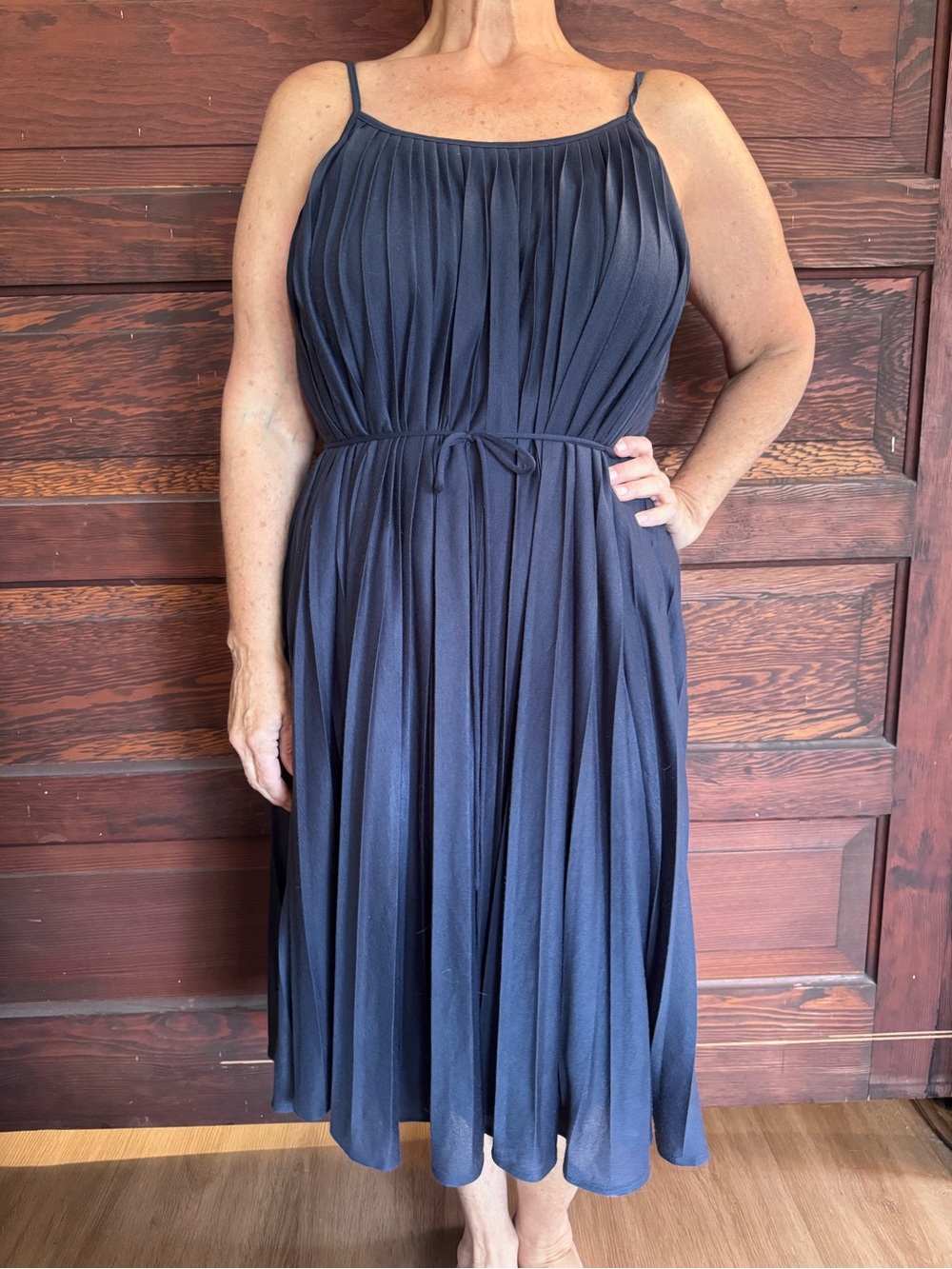 LOFT Navy Pleated Spaghetti-Strap Midi Dress